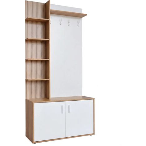 Mueble de entrada blanco canteado con perchero 90x34x180