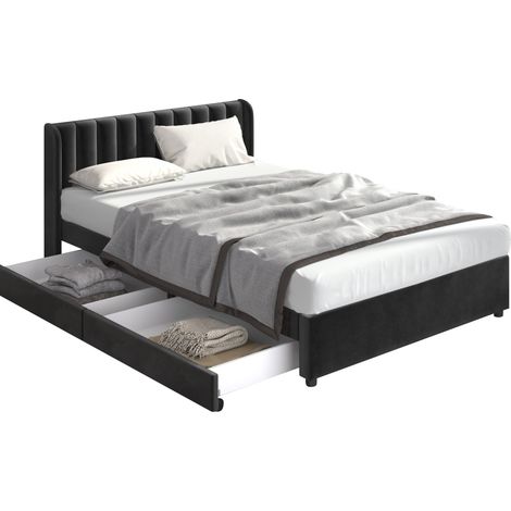 CHICFURN lit 160 x 200 cm en velours noir avec tête de lit haute 2 tiroirs et sommier à lattes (1/5)