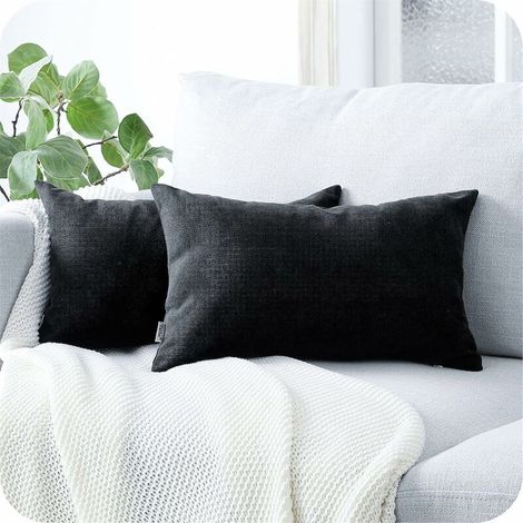 Lot de 2 Housse de Coussin 30x50cm Décoratif Canapé en Chenille Housses Coussin Decoration Chambre Carré Couleur Uni pour Chaise,Voiture,Bureau, Noir (1/5)