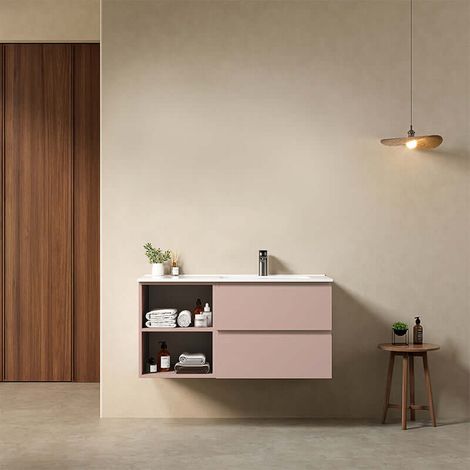 Mobile bagno sospeso 100 cm Rosa Retro Lavabo a Destra in Ceramica Senza Specchio - Fiji Paint Plus (1/4)
