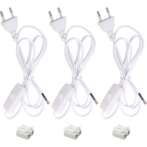 3 Pièces Cordon avec Interrupteur 1,8M Câble d'alimentation avec Euro Fiche, 2 x 0,5 mm², 2 x Câbles de Connexion Câbles de Lampe avec Interrupteur pour Lumières, Lampes, Lampadaires (Blanc)