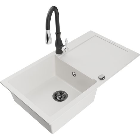 Mexen Leo lavello in granito 1-vasca con sgocciolatoio e rubinetto da cucina Savita, bianco - 6501-20-672601-70 (1/5)