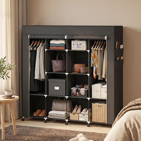 Armoire portable en tissu à roulettes, 10 compartiments, 2 barres de penderie, structure en acier noir (1/5)