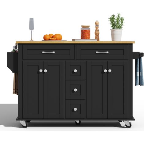 Chariot de cuisine multifonction avec plan de travail rabattable 120 × 65 cm extensible, 5 tiroirs, placards, étagère à épices et porte-serviettes, sur roulettes, pour cuisine, salle à manger et salon