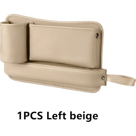 (1 gauche beige) Organisateur d'espace pour siège auto en cuir PU, boîte de rangement latérale pour console centrale avec porte-gobelet et boîte de rangement pour téléphone portable (1/5)