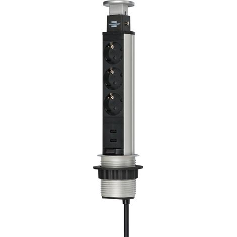 BRENNENSTUHL A1945551801396200013 1396200013-Base múltiple retráctil para mesas Tower Power con puertos USB, 3600 W, 250 V, Multicolor, 2 m