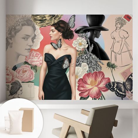 Papier peint intissé pour salon chambre à coucher peint imprimé Installation facile - Colle incluse gratuite Fleurs et portraits 104x70 cm (1/5)