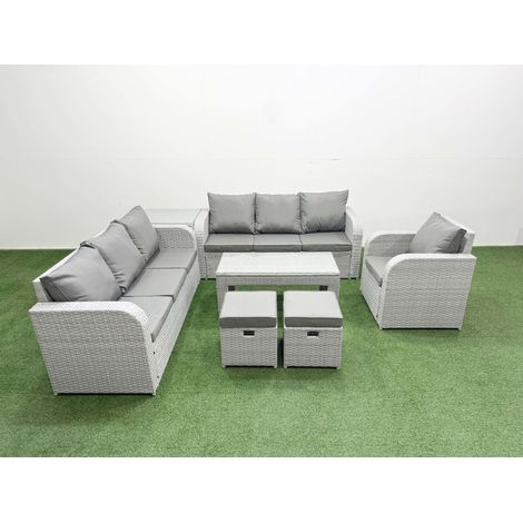 Fimous 9 Seater Poly Rattan Outdoor Garden Furniture Oblong Coffee Table Sofa Set Patio 3 Seater Sofa Reclining Chair 3 Seater Sofa Stools Side Table Light Grey (1/4)