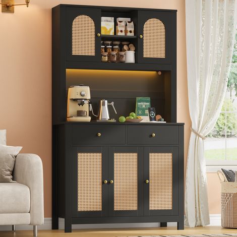 Meuble de cuisine, armoire de rangement haute avec éclairage LED et prises électriques, meuble garde-manger avec 5 portes en rotin et 2 tiroirs pour salon et salle à manger, 100 × 40 × 180 cm (1/5)