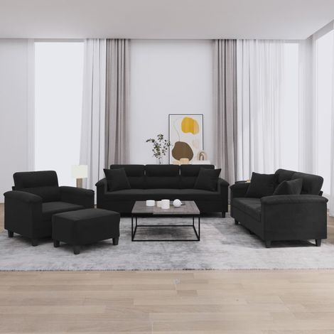 Ensemble canapé 4 pièces avec fauteuil, 2 et 3 places, repose-pied noir en microfibre - PANGIVO (1/5)
