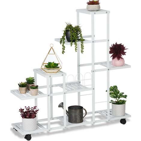 Relaxdays Estantería para Plantas Metálica, 9 Niveles, 91,5 x 93 x 26 cm, Repisas de Flores, con Ruedas, Metal, Blanco