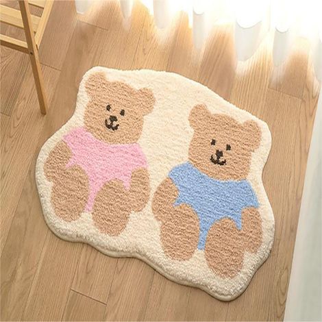 Tapis de sol en imitation cachemire style dessin animé/anime pour salle de bain/entrée de toilettes, absorbant et antidérapant, tapis de table basse doux pour salon, ours rose et bleu - Version horizo (1/5)