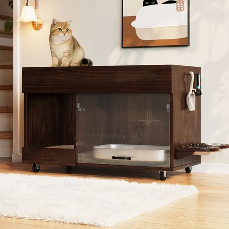 Meuble litière chat 100x45,5x67 cm en MDF noyer, avec rangement gain de place salon FloraGrace (1/5)