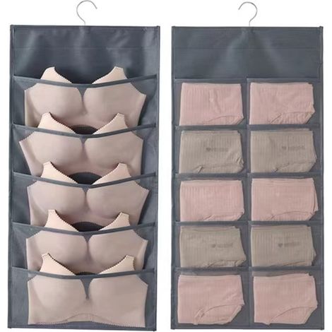 Organisateur de placard suspendu Leeh pour sous-vêtements, pochette de rangement gain de place double face pour soutien-gorge, bijoux, bas, culottes, chaussettes, 30 poches (gris) (1/5)