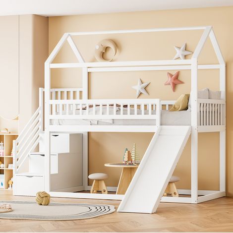 Letto a soppalco per bambini 90x200 cm in legno bianco con scivolo, scala portaoggetti e rete a doghe (1/5)
