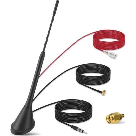 Antenne de voiture DAB/DAB+ - Radio numérique FM/AM combinée - Antenne de toit avec amplificateur - Connecteur SMB/SMA + adaptateur DIN - Répartiteur de signal avec câble de 5 m (1/4)