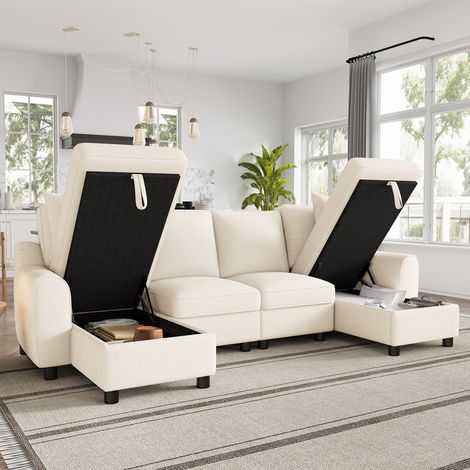 Canapé d'angle modulable 4 places moderne en chenille, 2 coussins, 2 méridiennes avec compartiment de rangement dépliable, beige