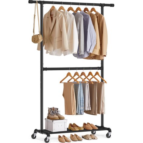 Portant à Vêtements, Capacité de Charge 110 kg, Porte-manteau sur Roulettes, Porte-vêtements Mobile, Tringle du Milieu Réglable, en Métal, Résistant, Style Industriel, Noir HSR62BK (1/5)