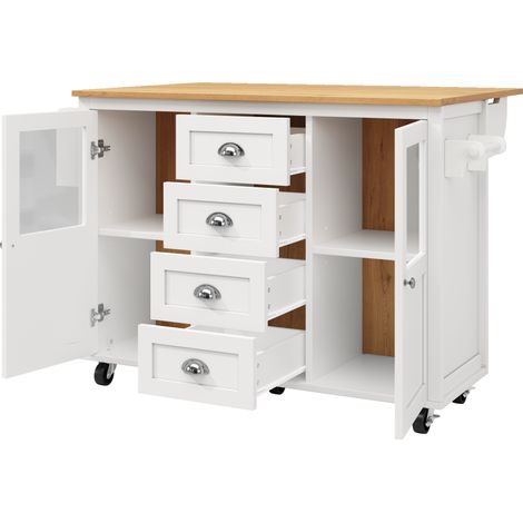 Isla de cocina móvil con ruedas, MDF y metal, 4 cajones, 2 puertas, blanco (1/5)