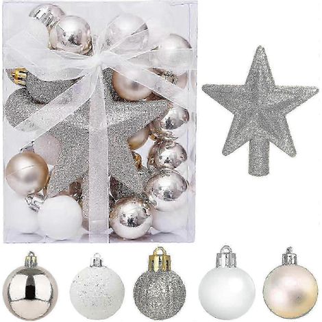 2025 Lot de 30 mini boules de Noël avec crochet, petites boules de Noël dorées et blanches de 3 cm, décorations de sapin de Noël à poser sur une table. (1/5)