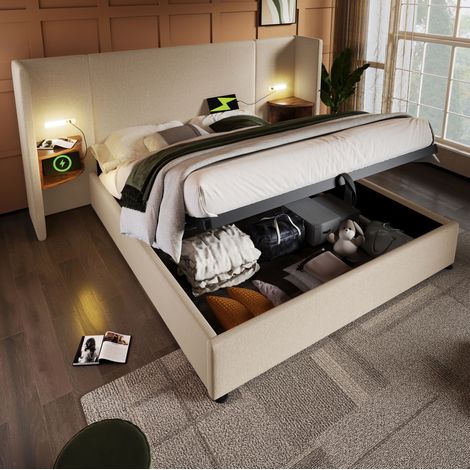 Lit coffre 160x200 cm avec table de chevet, lumière LED, charge USB-C et sommier à lattes, en lin beige, sans matelas (1/5)