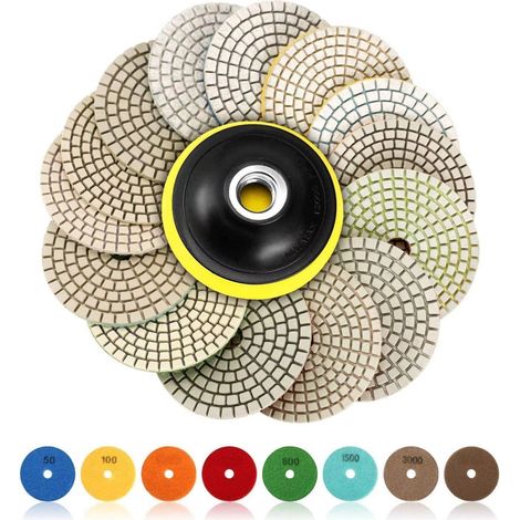 GROOFOO Disque de Polissage Diamant,15 Pcs 4 pouces (100mm Diamant Polissage Pads,Tampons de Polissage Béton,Granit Marbre Polissage avec Pads,50-6000 pour Machine à polir Machine de polissage(Couleur (1/5)