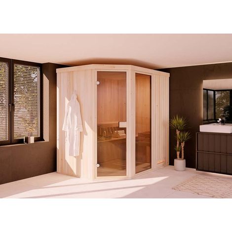 FinnTherm Innensauna Pearl Innensauna 2 Sitzbänke aus Holz , Saunakabine mit 40 mm Wandstärke, Dampfsauna mit Montagematerial