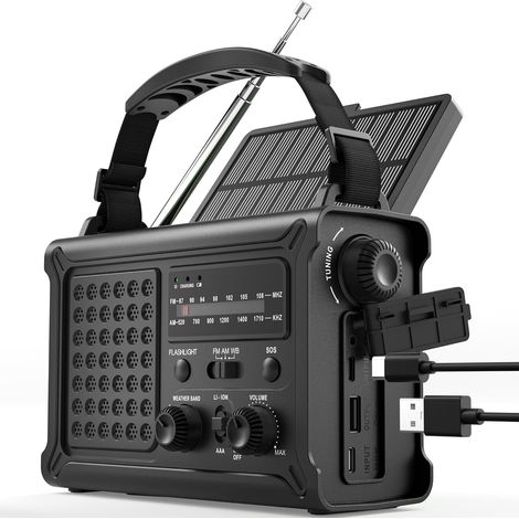 Radio d'urgence Solaire 12 000 mAh avec Manivelle 650 mA Et Panneau Solaire 8500 mm², Radio Portable AM/FM Étanche IPX6 avec Lampe LED, USB, Alarme SOS - Idéale pour Camping Et Panne De Courant (1/5)
