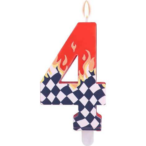 Bougie D'anniversaire sur le Thème de Course Automobile, Décorations Gâteau à Damier Noir et Blanc avec Motif Flamme pour Articles Fête et Gâteau Thème des Voitures Course (Chiffre 4) (1/5)