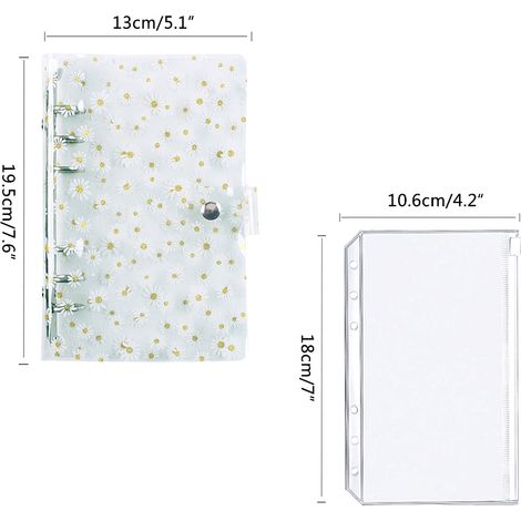 Classeur de budget A6 avec couverture transparente à paillettes, 8 poches zippées, pochette pour cartes, double pochette pour étiquettes, petit motif marguerite