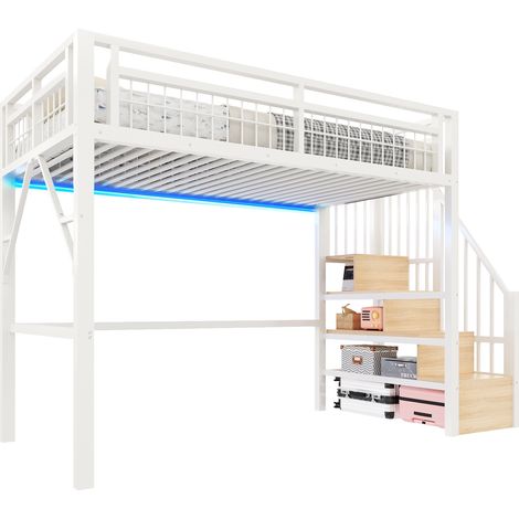 Letto a soppalco 90 x 200 cm con struttura in metallo e MDF, scala con contenitore, LED integrato e spazio aperto sotto il letto, bianco per camera ragazzi CHICFURN (1/5)