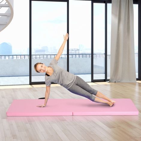 Tapis de sol pliable yoga, MMA, fitness, Pilates – 180 x 60 x 5 cm, revêtement synthétique antidérapant, rose, avec poignées (1/3)