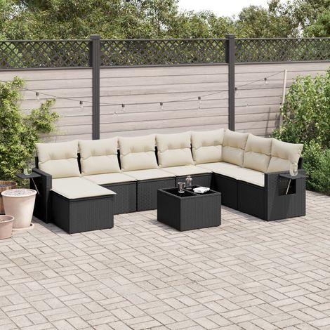 Ensemble Salon Jardin 9 Pièces Noir Résine Tressée avec Table Verre Trempé et Coussins Crème - Meuble Extérieur Modulaire Design (1/5)