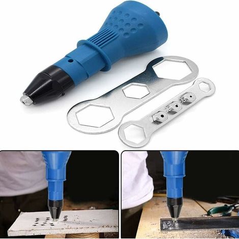 Pistolet à rivets sans fil Kit d'outil de perceuse électrique à rivets Riveteuse Adaptateur Insert Écrou Outil de puissance à main Accessoires (Bleu) (1/4)