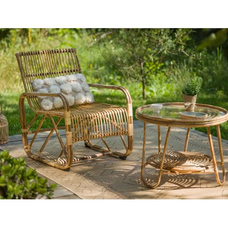 Ensemble salon de jardin bohème en rotin, fauteuil + table basse + tapis Marrakech - Jardiline