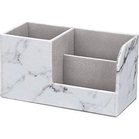 Desk Organizer - 3-Compartment PU Leather Storage Box with Pull-Out Drawer - For Pens Stationery and Small Office Supplies - 1 Piece (1/5)