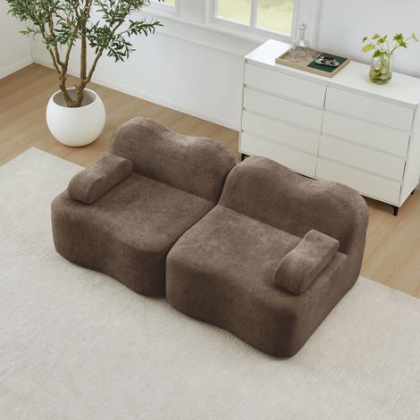 Canapé 2 places modulable sans structure rigide, design ondulé couleur marron. Coussins d'assise profonds et coussins d'accoudoirs mobiles, sans aucun montage, idéal pour salon et appartement. (1/5)