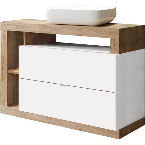 ARTURO - Meuble Vasque 110cm 2 tiroirs blanc laqué et aspect bois finition Cadiz (1/5)
