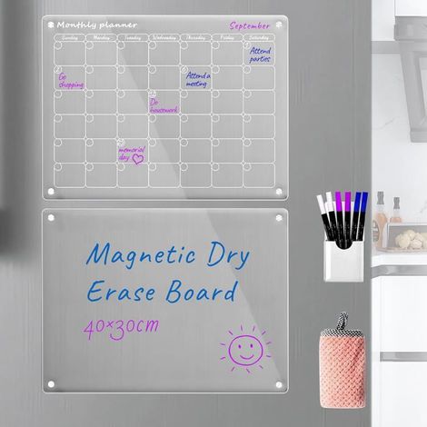 BelleRise - Tableau mémo magnétique effaçable à sec et calendrier pour réfrigérateur, ensemble transparent de 2 calendriers(mensuel + mémo) (1/5)