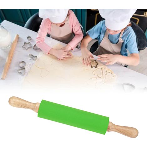 Rouleau à pâtisserie allongé en silicone avec manche en bois massif et surface antiadhésive, vert (1/5)