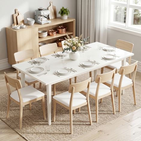 Table à manger pour 8 personnes, cuisine moderne avec pieds en bois massif, 180 cm, crème (1/5)