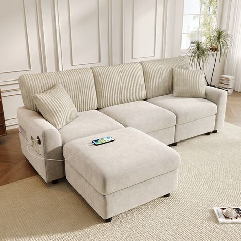 Canapé modulable 4 places 223x146x84 cm, avec pouf, 2 coussins, port USB, Type-C et assise salon, chenille et velours, Beige