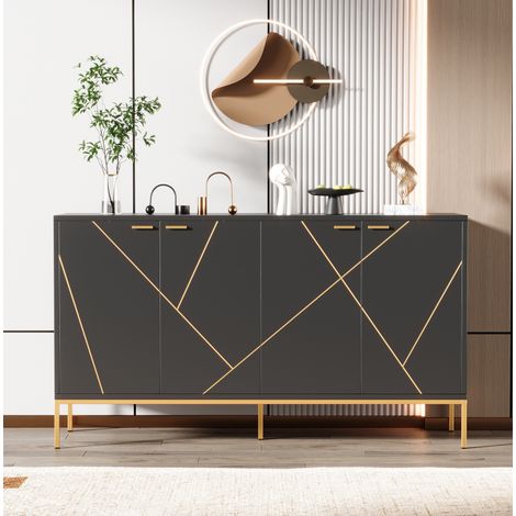 Meuble TV 150x40x80 cm en panneaux de bois noir, avec rangement, pour salon FloraGrace (1/5)
