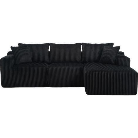 Canapé modulaire avec chaise longue et 2 places, velours côtelé noir, 5 coussins, poches latérales et porte-gobelets, pour salon moderne  CHICFURN (1/5)