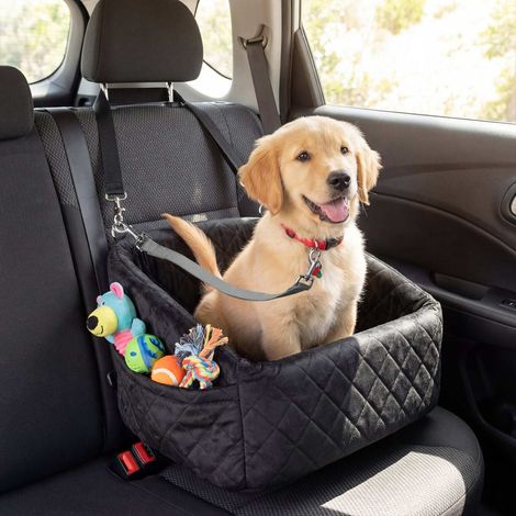 Siège auto pour chien noir rembourré avec sangle réglable et laisse de sécurité, convertible en panier pour voiture (1/5)