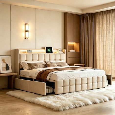 Letto imbottito 160x200 cm con 4 cassetti, LED e USB, letto matrimoniale con rete a doghe, testiera moderna