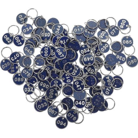 Lot de 100 étiquettes porte-clés numérotées de 1 à 100 idéales pour ranger vos affaires dans un sauna. Dimensions : 3 x 3 x 01 cm (bleu). (1/2)
