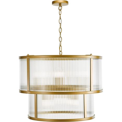 Dar Bianka Suspension Bianka à 6 lumières, bronze satiné et verre côtelé (1/5)