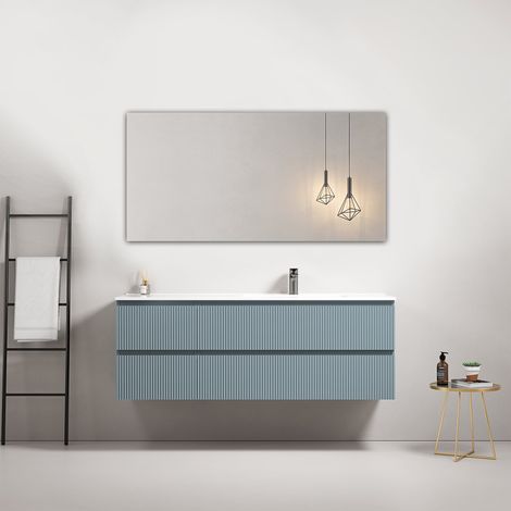 Mobile bagno sospeso cannettato 140 cm Blu Avio Lavabo a Destra in Resina Specchio Quadro - Fiji Paint (1/4)