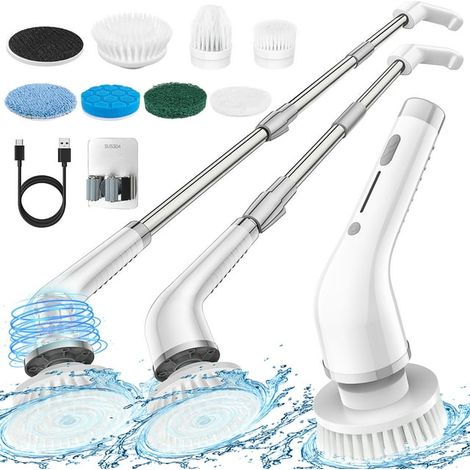 Brosse de nettoyage rotative électrique sans fil, puissance réglable 2 vitesses, lot de 7 têtes de rechange, manche télescopique 51,2" pour salle de bain, carrelage, sol, cuisine, vitre, voiture (1/5)